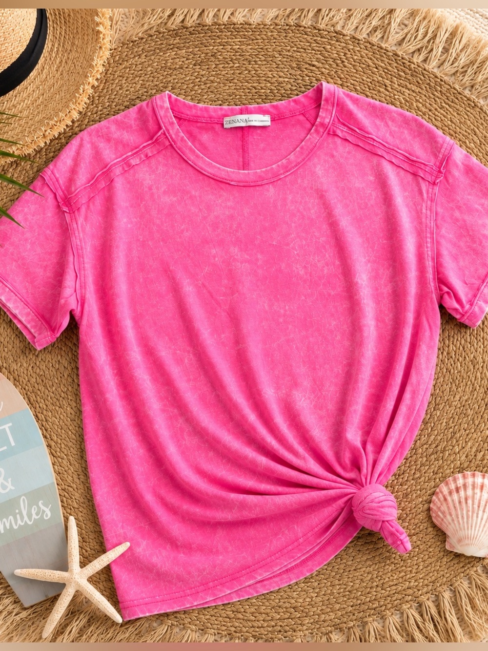 New Zenana Hot Pink Mineral Wash Exposed Seam Boxy Tee Size Small